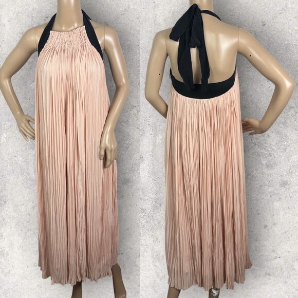 Aritzia Le Fou Couvin Dress Blush‎ Pink Black Silk Size XXS Halter Maxi Bohemian - Picture 2 of 12